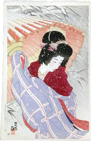 伊東深水: The Second Series of Modern Beauties: Snowstorm (Gendai bijinshu dai-nishu: Fubuki) - Scholten Japanese Art