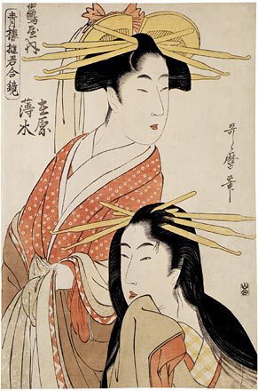 Kitagawa Utamaro: Mirror of Courtesans of the Green Houses: Usumizu and Ariwara (Seiro yukun awase kagami:: Usumizu, Ariwara) - Scholten Japanese Art