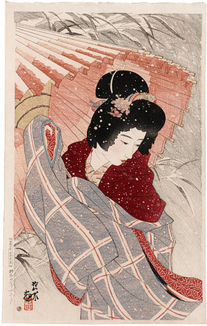 Ito Shinsui: The Second Series of Modern Beauties: Snowstorm (Gendai bijinshu dai-nishu: Fubuki) - Scholten Japanese Art