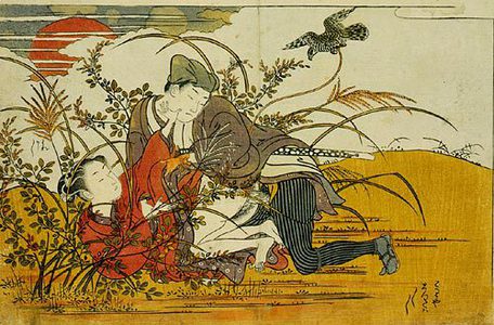 磯田湖龍齋: Prosperous Flowers of the Elegant Twelve Seasons: young girl trying to push away a rapist - Scholten Japanese Art