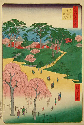 Utagawa Hiroshige: One Hundred Famous Views of Edo: Nippori Temple Gardens (Meisho Edo hyakkei: Nippori, jiin no rinsen) - Scholten Japanese Art