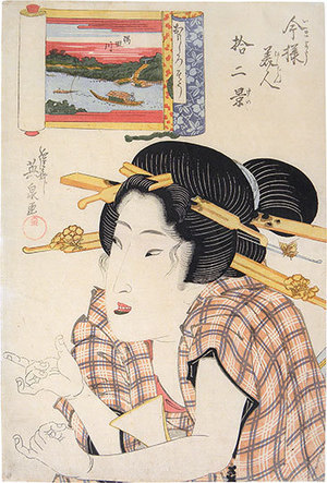 Keisai Eisen: Twelve Views of Modern Beauties: The Amused Type, Sumida River (Imayo Bijin Junikei: Omoshiroso, Sumidagawa) - Scholten Japanese Art