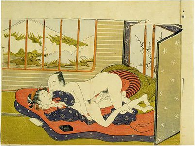 Isoda Koryusai: couple making love in front of a plum blossom screen with Mt. Fuji visible through a window - Scholten Japanese Art