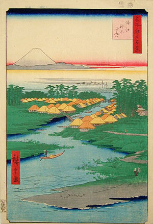 Utagawa Hiroshige: One Hundred Famous Views of Edo: Nekozane at Horikiri Canal (Meisho Edo hyakkei: Horie, Nekozane) - Scholten Japanese Art