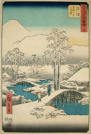 Utagawa Hiroshige: Pictures of Famous Places on the Fifty-Three Stations [Vertical Tokaido]: Mt. Fuji and Mt. Ashigara from the Numazu in Clear Weather After Snowfall (Gojusan tsugi meisho zue: Numazu ashigarayama fuji yukibara) - Scholten Japanese Art