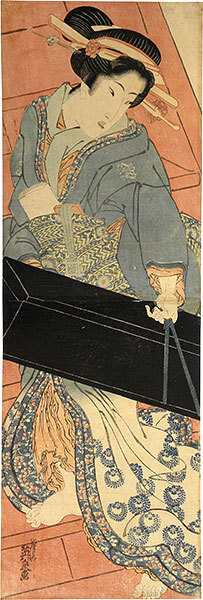 渓斉英泉: Geisha Ascending Stairs with Shamisen Box - Scholten Japanese Art