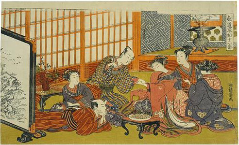 Isoda Koryusai: Twelve Bouts of Sensuality: frontispiece depicting a gathering - Scholten Japanese Art