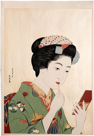 Hashiguchi Goyo: Girl Holding Lipstick (Benifude Moteru Onna) - Scholten Japanese Art