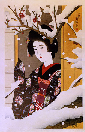 伊東深水: Beauty Admiring Red Blossoms in Snow (Yuki no kobai o miru shojo) - Scholten Japanese Art
