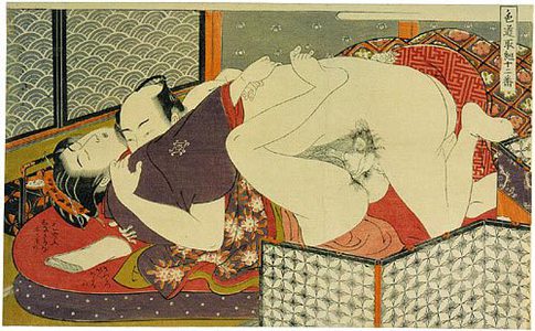 Isoda Koryusai: Twelve Bouts of Sensuality: couple passionately make love in front of a black-lacquered tobacco set - Scholten Japanese Art