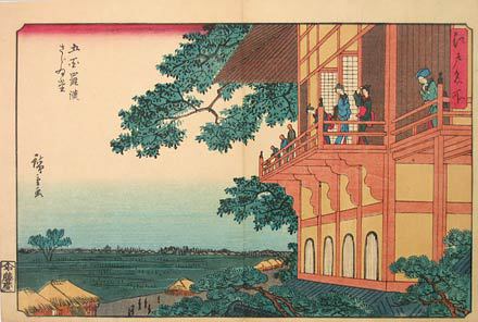 Utagawa Hiroshige: Famous Places in Edo: Spiral Hall, Five Hundred Rakan Temple (Edo Meisho: Gohyaku Rakan Sazaido) - Scholten Japanese Art