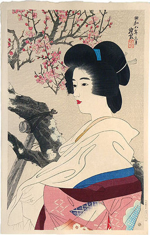 伊東深水: The Second Series of Modern Beauties: Red Blossoms (Gendai bijinshu dai-nishu: Kobai) - Scholten Japanese Art