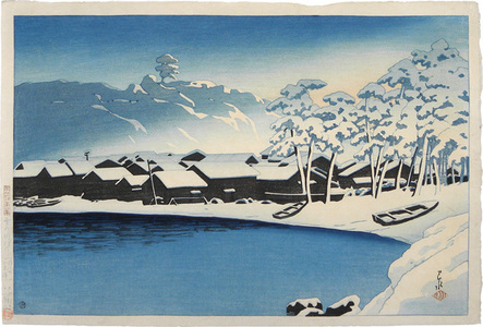 Kawase Hasui: Souvenirs of Travel, Second Series: Dawn snow at the port of Ogi, Sado (Tabi miyage dainishu: Yuki no akebono [Sado Ogi wan]) - Scholten Japanese Art