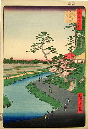 Utagawa Hiroshige: One Hundred Famous Views of Edo: Basho's Hut, Camelia Hill, at Sekiguchi Aqueduct (Meisho Edo hyakkei: Sekiguchi josui-bata, Basho-an Tsubaki-yama) - Scholten Japanese Art