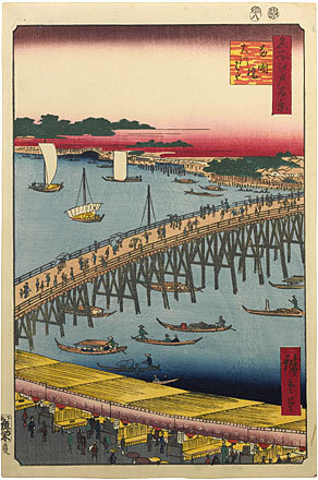 歌川広重: One Hundred Famous Views of Edo: Ryogoku Bridge and the Great Riverbank (Meisho Edo hyakkei: Ryogokubashi Okawabata) - Scholten Japanese Art