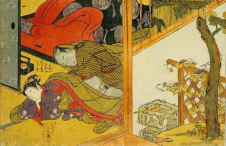 Isoda Koryusai: Prosperous Flowers of the Elegant Twelve Seasons: man making love to a sleeping woman underneath a mosquito net - Scholten Japanese Art