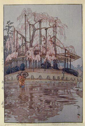 Yoshida Hiroshi: Eight Scenes of Cherry Blossoms: Yozakura in Rain (Sakura haddai: Shunsame) - Scholten Japanese Art