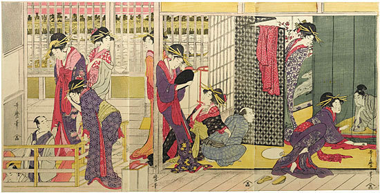 喜多川歌麿: Morning Party at the Temporary Lodgings of the Pleasure Quarters (Karitaku no Kinuginu) - Scholten Japanese Art
