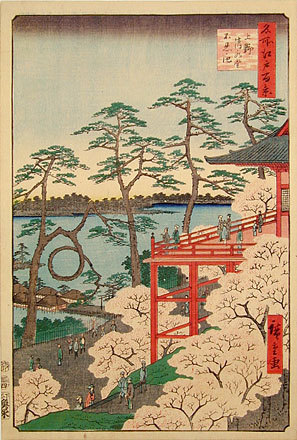 Utagawa Hiroshige: One Hundred Famous Views of Edo: Kiyomizu Temple and Shinobazu Pond, Ueno (Meisho Edo hyakkei: Ueno Kiyomizu--do, Shinobazu-no-ike) - Scholten Japanese Art