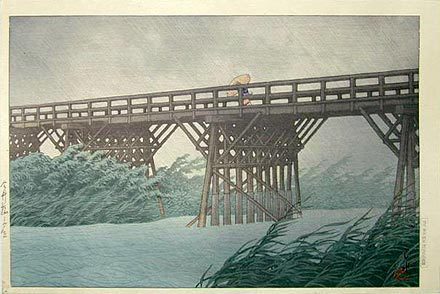 川瀬巴水: Sudden Shower at Imai Bridge (Imaibashi no yudachi) - Scholten Japanese Art