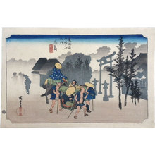 Utagawa Hiroshige: Fifty-three Stations of the Tokaido: Mishima, Morning Mist (Tokaido Gojusan Tsuji no Uchi: Mishima, asagiri) - Scholten Japanese Art