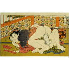 Isoda Koryusai: Twelve Bouts of Sensuality: couple making love while looking at a tobacco pipe and pouch - Scholten Japanese Art