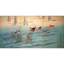 小林清親: Kajiwara Kagesue and Sasaki Kakatsuna on Horses at Uji Bridge (Uji Gawa Kajiwara Kagesue, Sasaki Kakatsuna, Mizu Uma) - Scholten Japanese Art