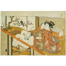 Isoda Koryusai: couple making love in front of a mochi stand - Scholten Japanese Art