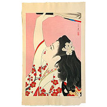 Shimura Tatsumi: Five Figures of Modern Beauties: Playing Battledore and Shuttlecock (Gendai Bijin Fuzoku Gotai: Oibane [hagoita?]) - Scholten Japanese Art