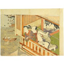 磯田湖龍齋: couple making love on veranda overlooking a river - Scholten Japanese Art