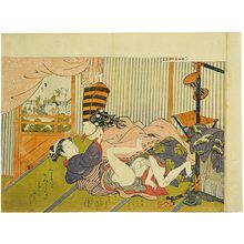 磯田湖龍齋: man dressed as a sambaso dancer making love to a courtesan - Scholten Japanese Art