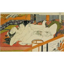 Isoda Koryusai: Twelve Bouts of Sensuality: lovers in ecstasy in front of a screen depicting a waterfall - Scholten Japanese Art