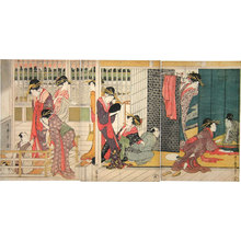 Kitagawa Utamaro: Morning Party at the Temporary Lodgings of the Pleasure Quarters (Karitaku no kinuginu) - Scholten Japanese Art