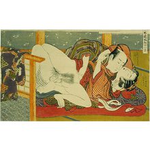 Isoda Koryusai: Twelve Bouts of Sensuality: couple in throes of love in front of a kimono stand - Scholten Japanese Art