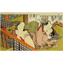 Isoda Koryusai: Twelve Bouts of Sensuality: man and woman kissing playfully in front of a bamboo screen - Scholten Japanese Art