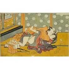 Isoda Koryusai: Prosperous Flowers of the Elegant Twelve Seasons: couple wildly making love in front of a mochi stand - Scholten Japanese Art