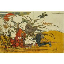 磯田湖龍齋: Prosperous Flowers of the Elegant Twelve Seasons: young girl trying to push away a rapist - Scholten Japanese Art