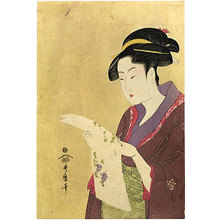 Kitagawa Utamaro: Tomimoto Toyohina Holding a Long Surimono - Scholten Japanese Art