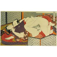 Isoda Koryusai: Twelve Bouts of Sensuality: couple passionately make love in front of a black-lacquered tobacco set - Scholten Japanese Art