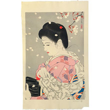 Shimura Tatsumi: Five Figures of Modern Beauties: Cherry Blossoms Blizzard (Gendai Bijin Fuzoku Gotai: Hana Fubuki) - Scholten Japanese Art