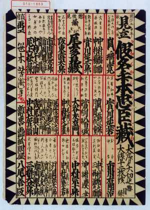 Utagawa Yoshitaki: 「見立 仮名手本忠臣蔵 大序より大切迄大錦十二枚続 惣目録」 - Waseda University Theatre Museum