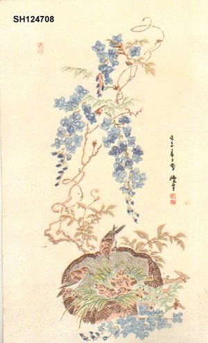 Japanese Print "Sparrow nest and wisteria" by Bongashira, Shunnan