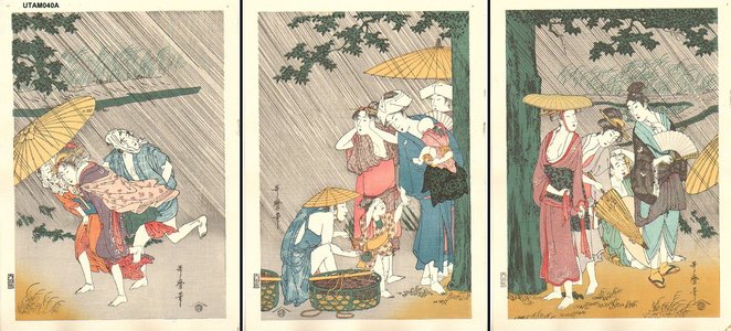 Kitagawa Utamaro: Rain Shower, Triptych - Asian Collection Internet Auction