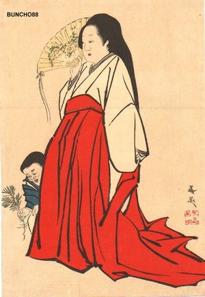 Ippitsusai Buncho: MIKO (shrine maiden), design by Buncho - Asian Collection Internet Auction