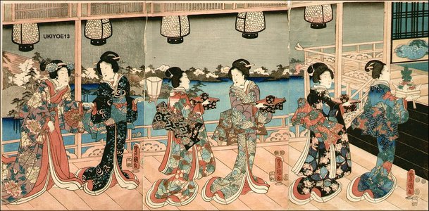 Estampe japonaise "Beauties, three panels of pentaptych" par Utagawa Kunisada, 歌川国貞 (Kunisada)