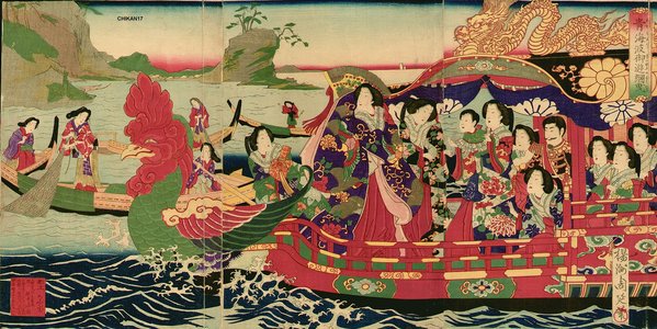 Toyohara Chikanobu: Emperor visiting fisherwomen in royal barge - Asian Collection Internet Auction