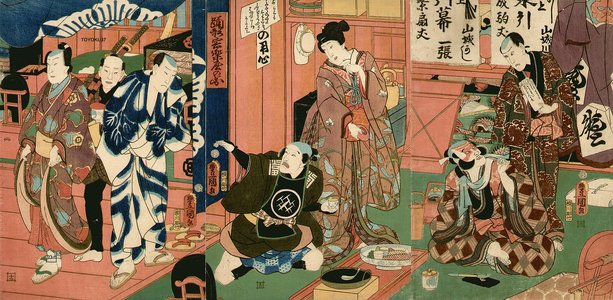 Utagawa Kunisada: Seven actors backstage at a Kabuki theater - Asian Collection Internet Auction
