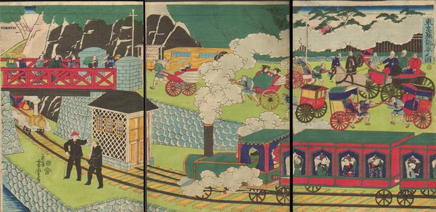 歌川芳虎: Picture of Steam Train in Tokyo - Asian Collection Internet Auction