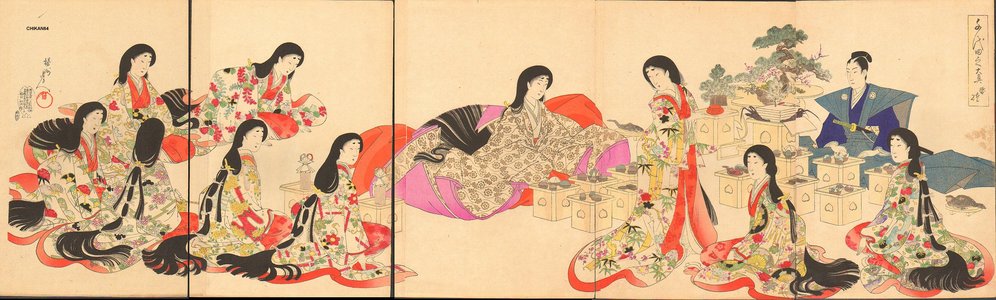 Toyohara Chikanobu: Wedding, pentaptych - Asian Collection Internet Auction