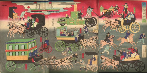 歌川芳虎: Drawing of Tokyo Street Traffic Vehicals - Asian Collection Internet Auction